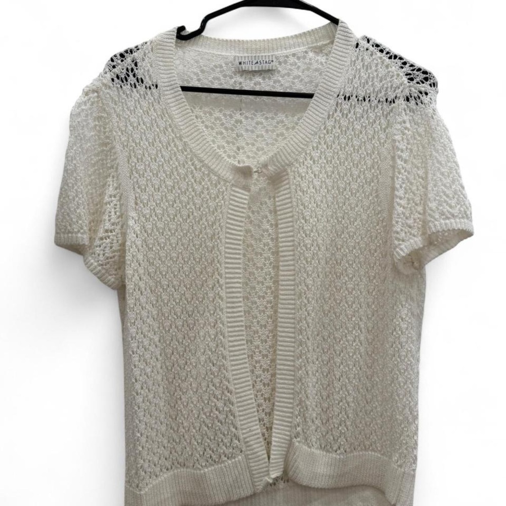 White Stag Open-Knit Short Sleeve Cardigan in White